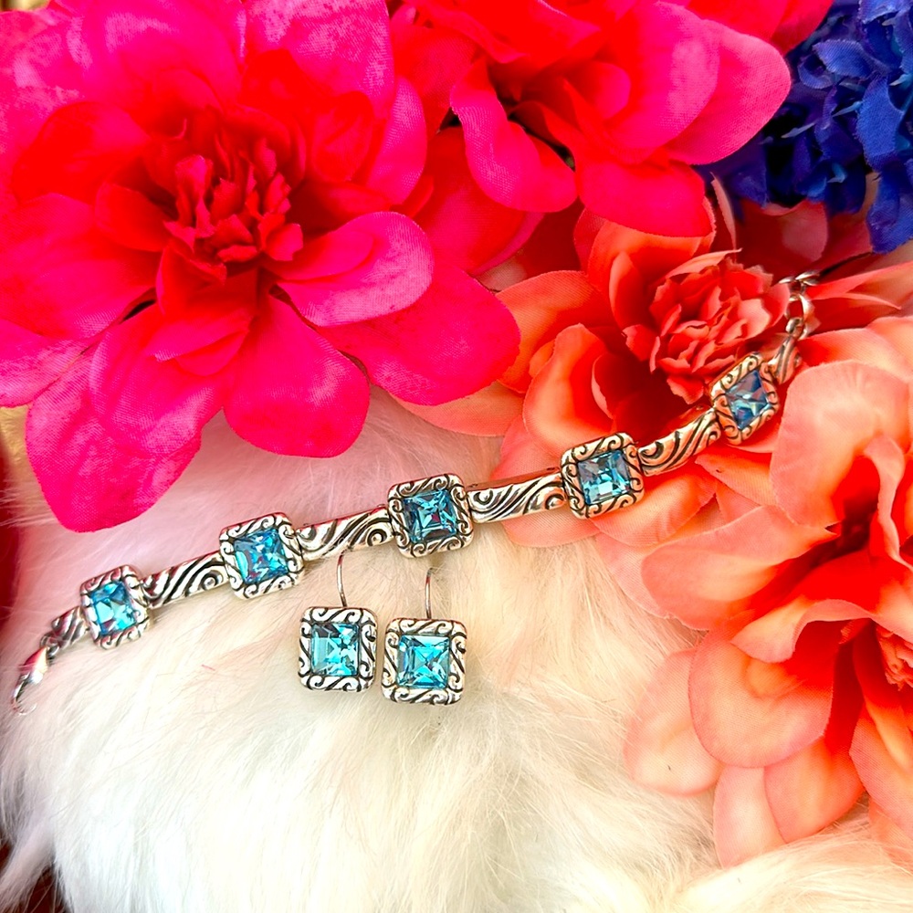Brighton REGINA  Aqua Blue Faceted Square Swarovski Crystal Bracelet Earrings